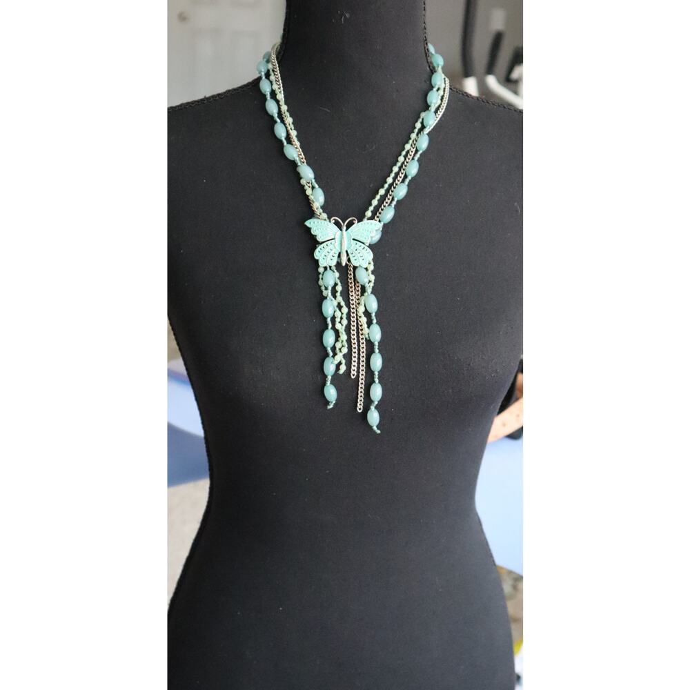Vintage 90s Y2K Lucky Brand Jade Green Turquoise Butterfly Bead Fringe Pendant